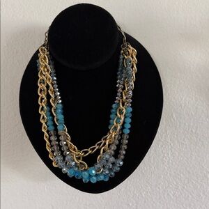 Vintage  Gold and Blue BeadedStacked  Necklace